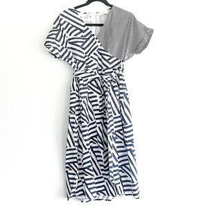 Anthropologie Azoe Cotton Poplin Geometric Mixed Print Midi Dress Size Small